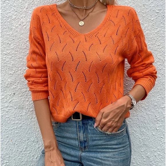 Delilah Wear Sweaters - New orange v neck knit long sleeve sweater